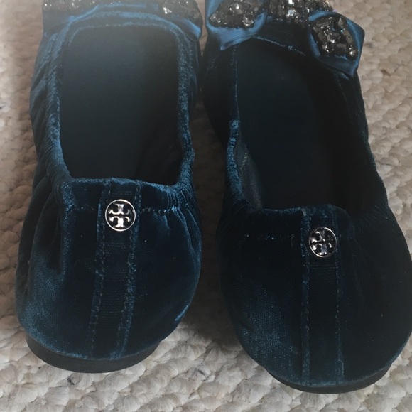 Tory Burch Teal Velvet Jeweled Bow Azalea Flat EUC - Picture 6 of 8